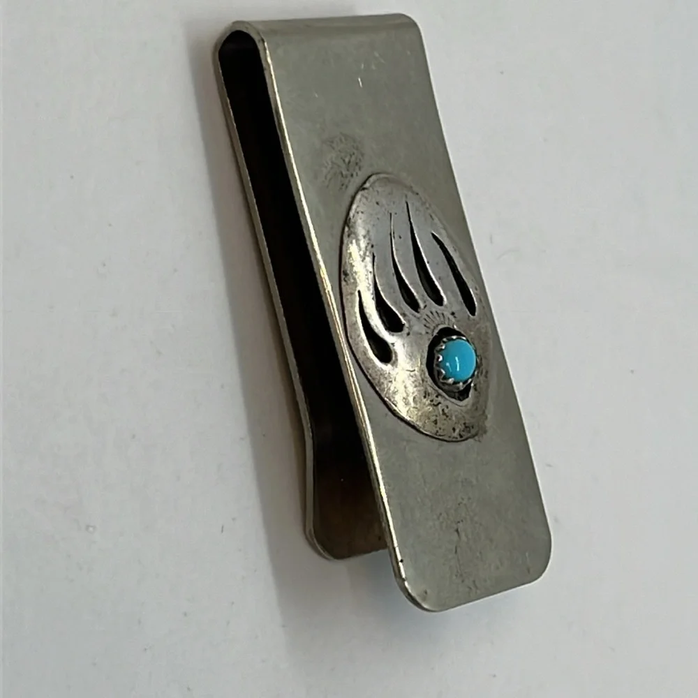 Bear claw hand-tool block turquoise nickel money clip